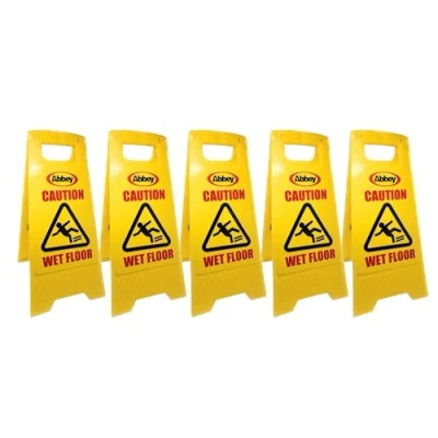 Image of Abbey Pack of 5 Warning Caution Wet Floor Sign Yellow 640mm Height Cleaning in Progress Printed on the Other Side Mini Ideal for Commercial Business use