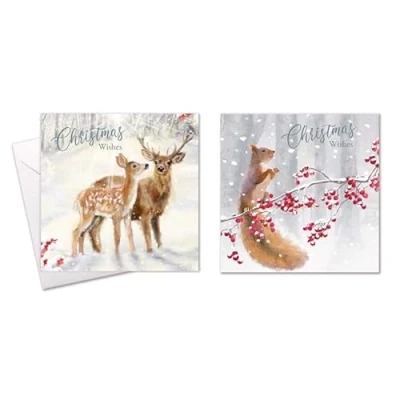 Image of Tallon Festive Wonderland Square Xmas Christmas Cards, Box of 10, Assorted Designs (XC0041 Reindeer/Squirrel)