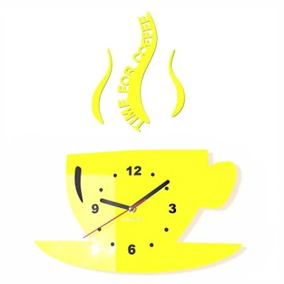 Image of FLEXISTYLE Kitchen wall clock CUP time for coffee (Yellow)