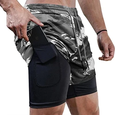 Image of Superora Mens Running Gym 2 in 1 Sports Shorts Breathable Outdoor Workout Training with Pockets Camouflage Grey