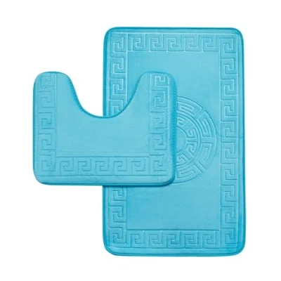 Image of GC GAVENO CAVAILIA Memory Foam Bath Mat Non Slip Extra Soft Highly Water Absorbent Bathroom Sets 2 Piece Greek Toilet Rug (50 x 80 cm) &amp; Pedestal Set 40 Washable Aqua