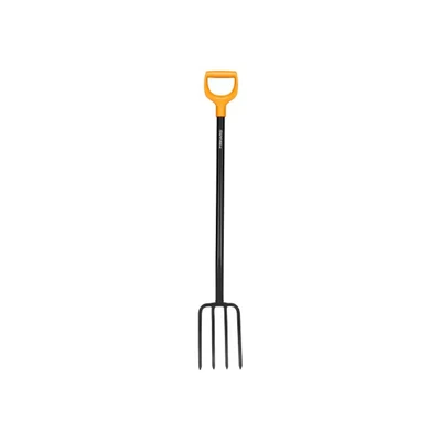 Image of Fiskars 1070673 Spade Fork for Hard, Stony Soils, with 4 Prongs, Length 120 cm, Steel Prongs/Plastic Handle, Black/Orange, Solid, Black/Orange