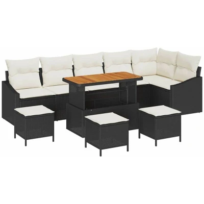 Image of vidaXL 10 Piece Garden Sofa Set with Cushions Black Poly Rattan Acacia