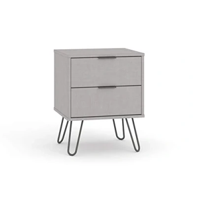 Image of Home Source Bedside Cabinet Lamp Side Table, Textured Grey Finish, Hairpin Legs, 2 Drawer, Engineered Wood