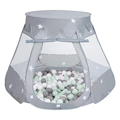 Image of Selonis Play Tent 105X90cm/200 Balls Castle House Pop Up Ballpit Plastic For Kids, Grey:White/Grey/Mint