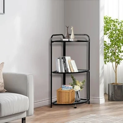 Image of FEFE Corner Storage Shelf Aluminum Plant Pot Stand Shelving, Bookshelf Shelving Display Unit For Bedroom Living Room Home Black (3 Tier)
