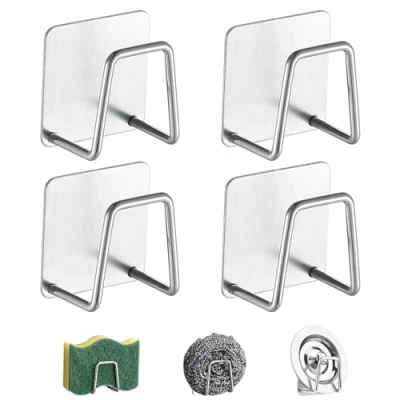 Image of Realand 4Pcs Sponge Holder for Kitchen Sink, SUS304 Stainless Steel Dish Strong Adhesive Sink Holder, Rustproof &amp; Waterproof Caddy, Silver
