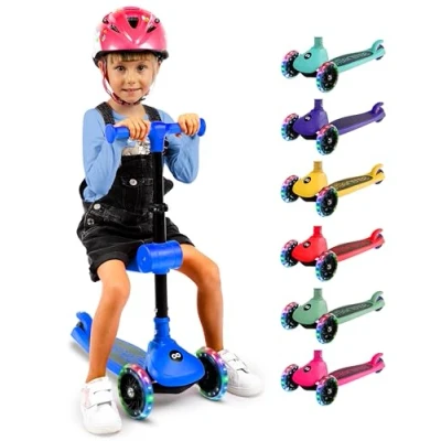 Image of SereneLife 3 Wheel Foldable Kids Scooter Seat, LED Lights, Adjustable Handlebar, Rear Foot Brake, Lean to Steer, Anti Slip Deck, Ideal for Toddlers 3+, up 110Lbs (Blue)