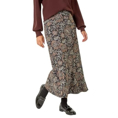 Image of Roman Originals Women Fluted Skirt for UK Ladies Midi Maxi Long Full Length Tulip Shape Flared Darted Pleated Hem Check Print Winter Autumn Work Office Smart Casual Mocha Size 12