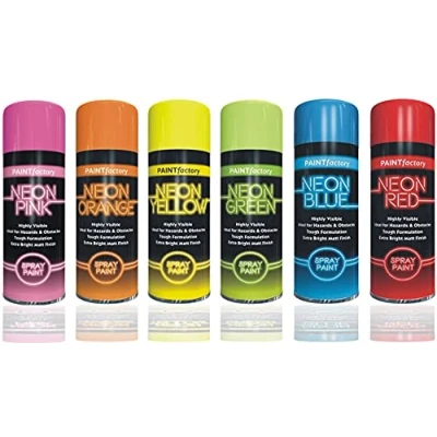 Image of HitlineUK NEON SPRAY PAINT 6 CANS OF FLUORESCENT CAN 200ML GRAFFITI EXTRA BRIGHT Yellow Pink Orange Green Blue Red