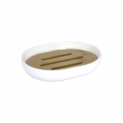 Image of Douceur d&#039;Intérieur Soap Dish, Polyester and bamboo, Blanc, 12.2x9.3x2.5CM