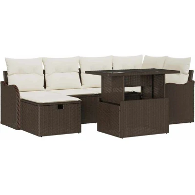 Image of vidaXL 7 Piece Garden Sofa Set with Cushions Brown Poly Rattan