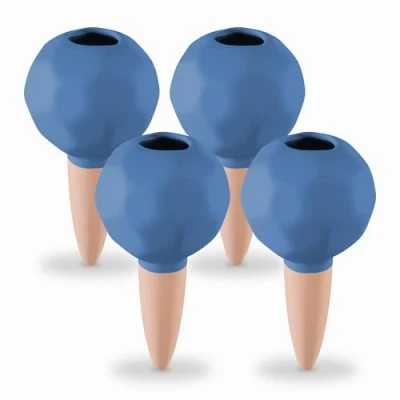 Image of Relaxdays Set of 4 Watering Balls Clay, Irrigation Aid Ø 6cm, Dosed Drip for Potted Plants, Office, Terracotta/Blue, Ceramics, 11 x 6 cm