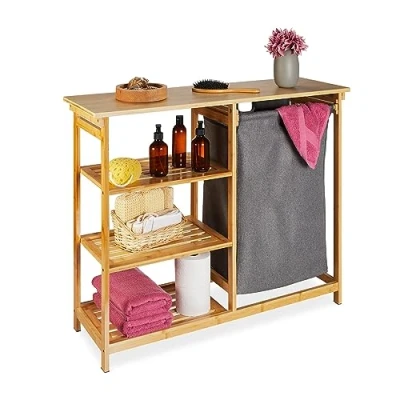 Image of Relaxdays Bamboo Laundry Basket Shelf, 3 Levels, Removable Fabric Bag, HxWxD: 80x100x32cm, Bathroom Bin, Natural/Grey