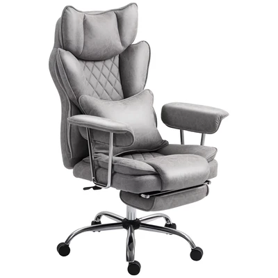 Image of HOMCOM Executive Office Chair, Leathaire Reclining Computer Desk Chair with Lumbar Support Pillow, High Back, Footrest, Silent Swivel Wheels, Armrest, Height Adjustable for Home, Grey