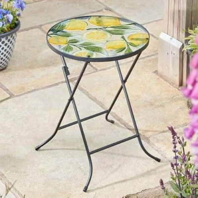 Image of Marco Paul Round Glass Coffee Table with Hand Painted Lemon Design Garden Decorations outdoor folding side for bistro tables, balcony and patio (Lemon)