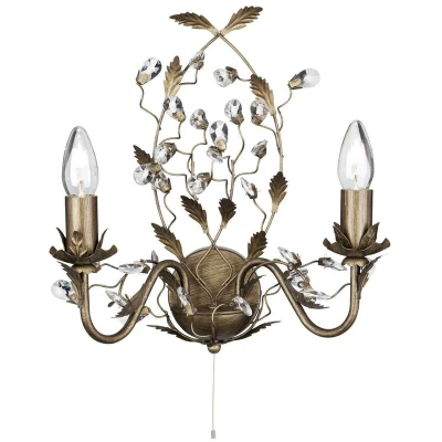 Image of Almandite 2 Light Candle Wall Brown Gold with Crystals Floral Leaves Design, E14