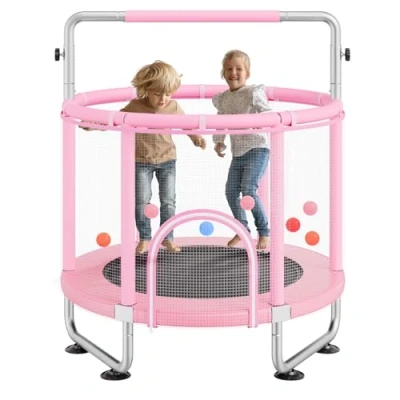 Image of VEVOR 55&quot; Kids Trampoline, 4.6FT Indoor Outdoor Mini Toddler Recreational Trampolinewith Safety Enclosure Net and Basketball Hoop, Birthday Gifts Christmas Toys for 3+ Years Children, Pink