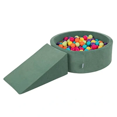 Image of KiddyMoon Foam Playground Velvet For Kids With Round Ballpit (200 Balls ∅ 7Cm/2.75In) Soft Obstacles Course And Ball Pool, Forest Green:Light Green/Yellow/Turquoise/Orange/Dark Pink/Purple