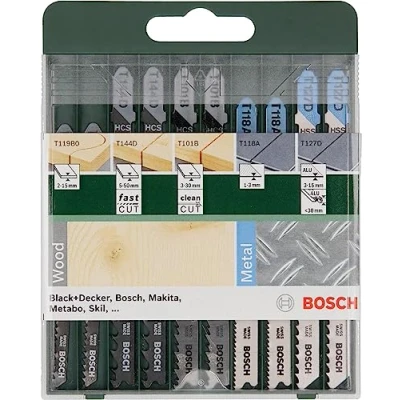 Image of Bosch 10 Piece Wood and Metal Jigsaw Blade Set (Wood Metal, Accessories for Jigsaws, T Shank Socket)