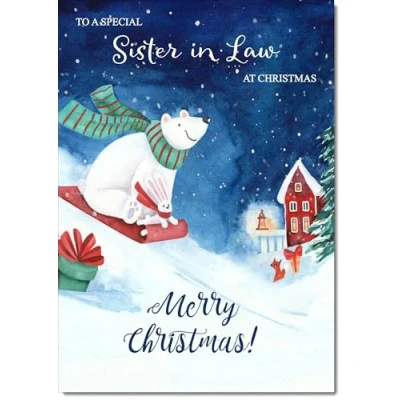 Image of doodlecards Sister in Law Christmas Card Bear on Sled Medium Size for with Plain Envelope