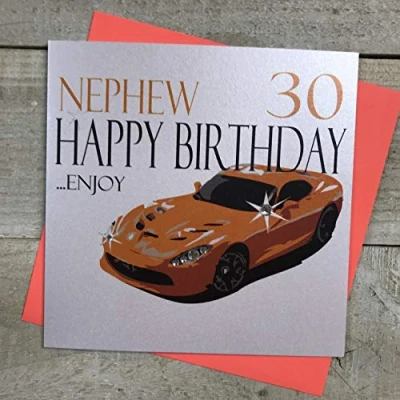 Image of WHITE COTTON CARDS Handmade Nephew 30 Happy Enjoy Orange Sports Car 30th Birthday Card, White, N62 N30