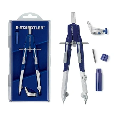 Image of STAEDTLER 552 01 Mars Comfort Quick Setting Compass with Push Button, Universal Adapter and Lead Box (350 mm Diameter)