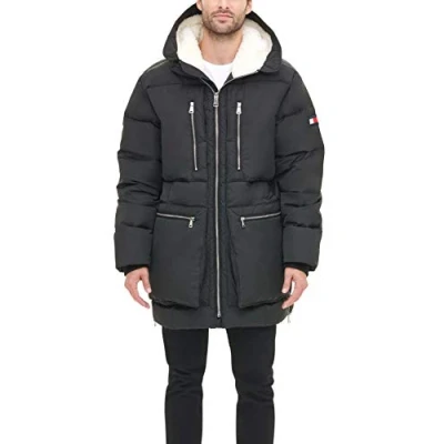 Image of Tommy Hilfiger Men&#039;s Heavyweight Quilted Sherpa Hooded Parka, Black, M