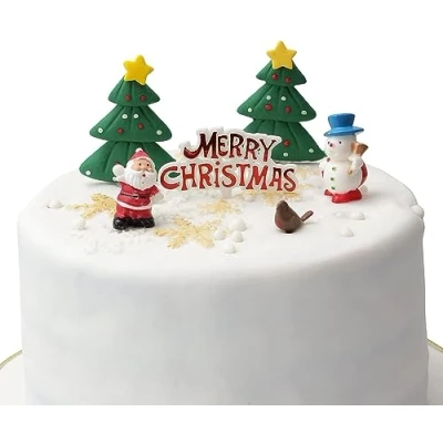 Image of Christmas Cake Decorations Toppers 6 Piece Kids Set Snowman Cupcake Topper Decoration Pieces Merry