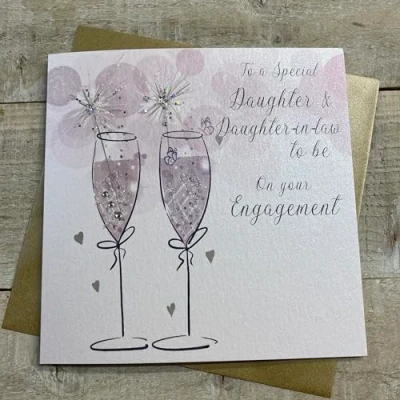 Image of WHITE COTTON CARDS DAUGHTER &amp; DAU IN LAW TO BE FLUTES ENGAGEMENT CARD, HAND FINISHED (D25 DD)