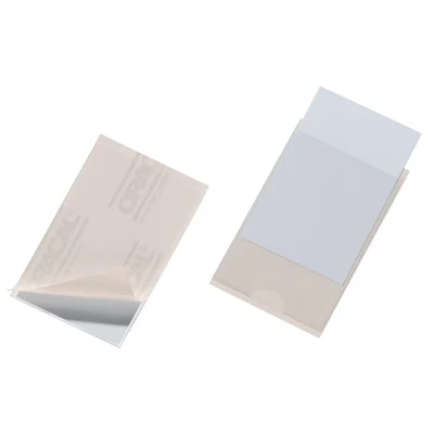 Image of Durable POCKETFIX Self Adhesive Business Card Pockets German Made Sticky Back Plastic Holder Wallets Stick on Pouch 100 Pack 90 x 57 mm
