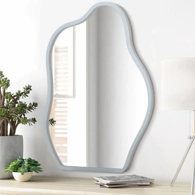 Image of Irregular Wooden Framed Wall Mirror Blue Asymmetrical Wavy Unique Hanging Modern Artistic Decor Vanity Bedroom Living Room Bathroom Entryway Hallway Large Light 26&quot;x18&quot;