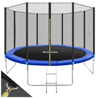Image of tectake® Outdoor Trampoline for Kids &amp; Adults Robust Sports Equipment with Tear Resistant Net, Strong Springs, Stable Frame, Safety Enclosure, Edge Cover, Ladder Weather 12ft / 3.6m
