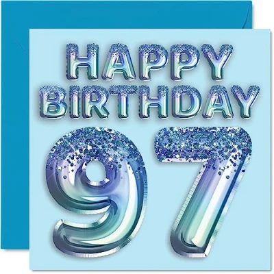 Image of 97th Birthday Card for Men Blue Glitter Party Balloon Happy Cards 97 Year Old Man Great Grandpa Grandad Dad Gran, 145mm x Ninety Seven Seventh Greeting Gift