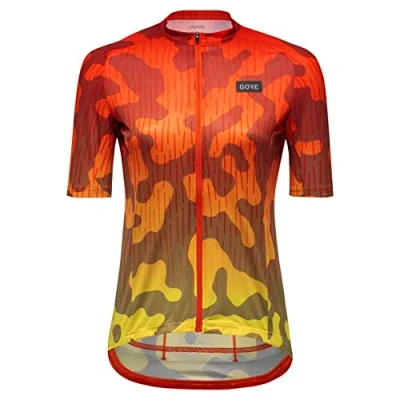 Image of GORE WEAR Women&#039;s Breathable Cycling Jersey, Rain Camo, Fast Moisture Wicking, With Pockets, Short Sleeve Shirt, Fireball, 36