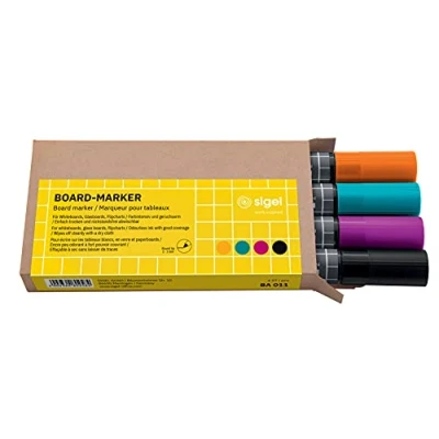 Image of SIGEL BA011 Set of 4 Glass / WhiteBoard markers, erasable, &quot;cap off&quot; ink, Ø 2 3 mm bullet tips, colors (Black Turquoise Magenta Orange)