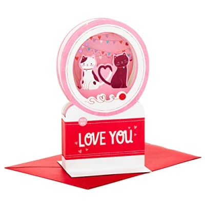 Image of Hallmark Pop Up Valentine&#039;s Day Card Paper Wonder Musical Snow Globe Cats Design