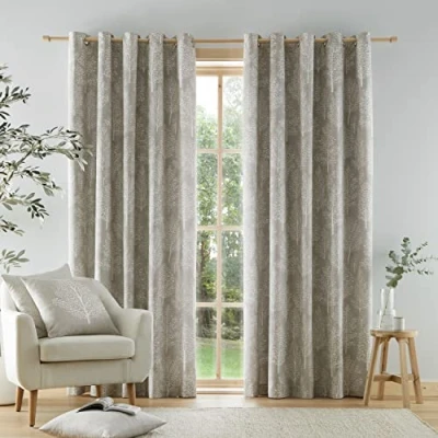 Image of Catherine Lansfield Alder Trees Cotton 66x54 Inch Lined Eyelet Curtains Two Panels Natural