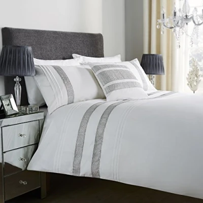 Image of LOOMS &amp; LEAVES Diamante Style Luxury GLITZ Duvet Covers Quilt Cover Sets Bedding (White, King)