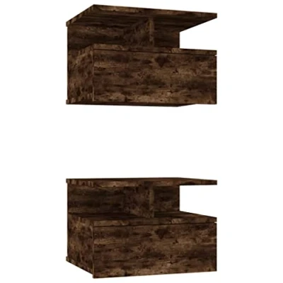 Image of vidaXL 2x Floating Nightstand Bedroom Furniture Wall mounted Bedside Table Shelf with Drawer Smoked Oak Engineered Wood