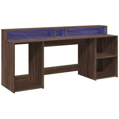 Image of vidaXL Desk with LED Lights Brown Oak, Engineered Wood, 200x55x91 cm, Ample Storage Compartments and Shelves, Home Office/Gaming