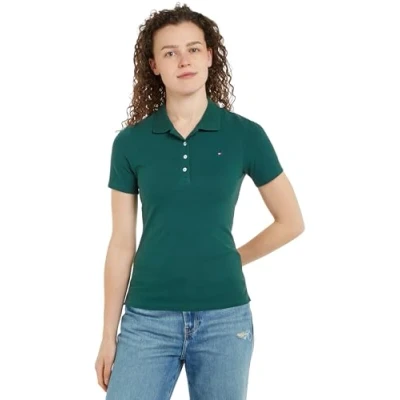 Image of Tommy Hilfiger Women&#039;s 1985 Slim Pique Polo Ss Ww0ww43225 S/S Polo, Green (Ornamental Green), L