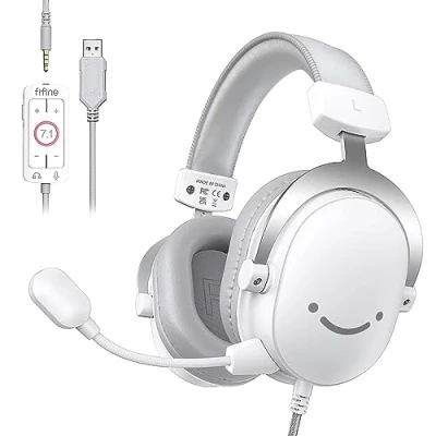 Image of FIFINE 3.5mm/USB Gaming Headset for XBOX,PC,PS4/PS5,7.1 Surround Sound Wired Headphones with Soft Earmuffs,Volume Control,Detachable Microphone Streaming,Video Creation AmpliGame H9 White