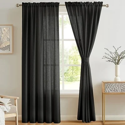 Image of Melodieux 2 Panel Faux Linen Voile Net Curtains Semi Sheer Rod Pocket Drapes for Bedroom, Living Room, Window Black, 55 x 89 inch drop (140 225cm)