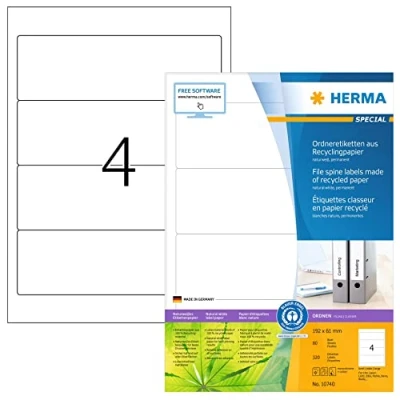 Image of HERMA Self Adhesive Recycled Spine Labels, 4 Labels per A4 Sheet, 80 Sheets, 192 x 61 mm, 320 Blank Lever Arch File Folder Stickers, for Laser &amp; Inkjet Printer, Natural White
