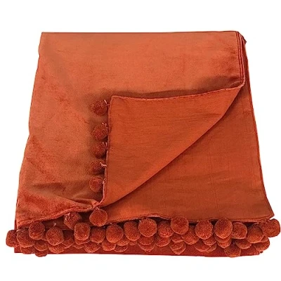 Image of Ragged Rose 140 cm x 180 Throw Blanket Pom Made of Cotton Velvet with Pompom Trims on Sides Versatile for Sofa &amp; Bed