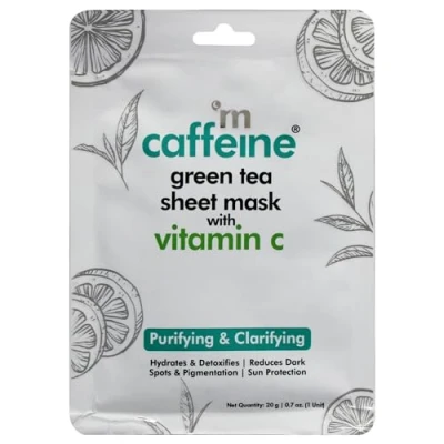 Image of mCaffeine Green Tea Sheet Mask with Vitamin C Face for Dark Spots Reduction and Pigmentation Sun Damage Protection 1 pc