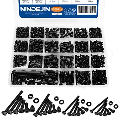 Image of NINDEJIN 1060pcs 12.9 Grade Carbon Steel M2 M3 M4 M5 Metric Hex Socket Head Cap Bolts Screws Nuts Washers Assortment Kit with Wrenches (Socket Cap)