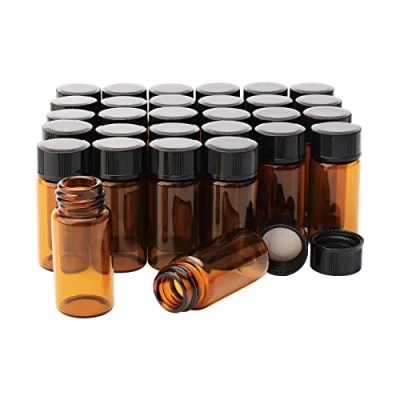 Image of Unxuey 30pcs Brown Glass Bottles, 5ml Leak Proof Liquid Vial with Black Plastic Screw Cap, Empty Vials Sample Jars for Lab