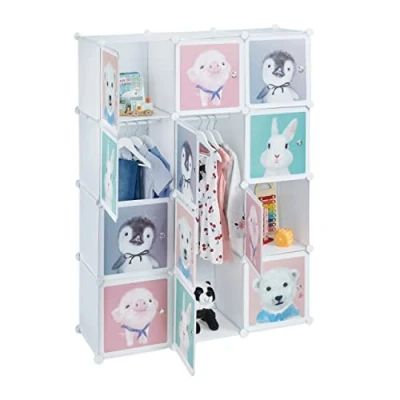 Image of Relaxdays Plug in Shelving Unit for Children, 8 Compartments, Doors with Animals, HWD: 145x109x37 cm, DIY Storage, White